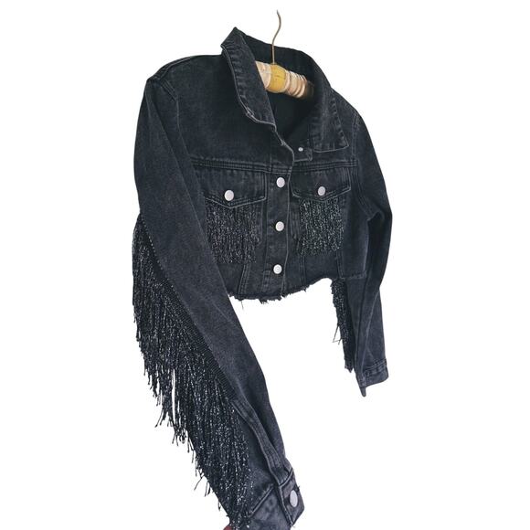 Fringe Cropped Distressed Y2K Denim Jacket Medium Western Raw Hem Grunge Retro - Picture 8 of 9